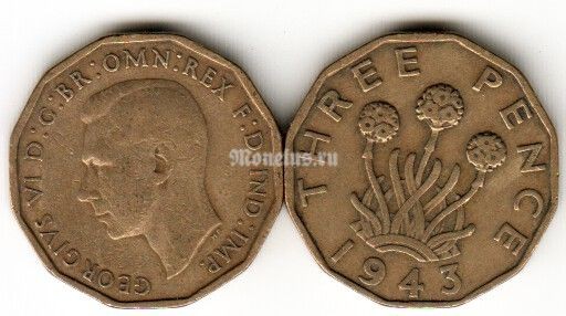 Монета Великобритания 3 пенса 1943 год Георг VI растение лук-порей