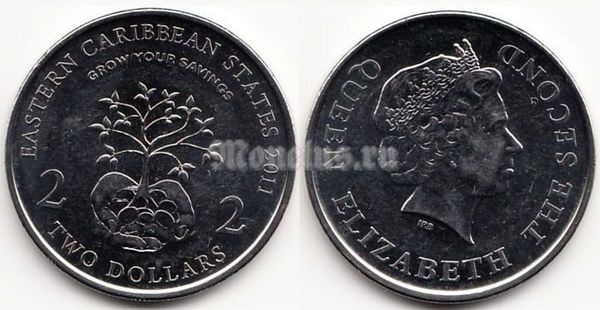 монета Восточные Карибы 2 доллара 2011 год