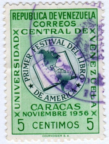 марка Венесуэла 5 сентимо "Book And Flag From American Countrys" 1956 год гашение