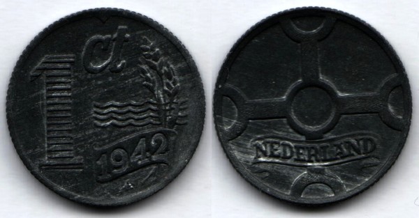 монета Нидерланды 1 цент 1942 год