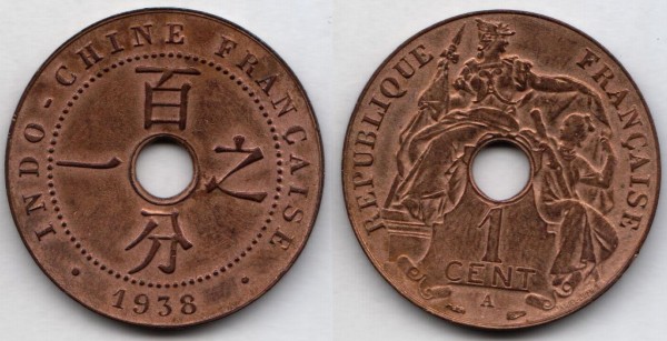 монета Французский Индокитай 1 сантим 1938 год