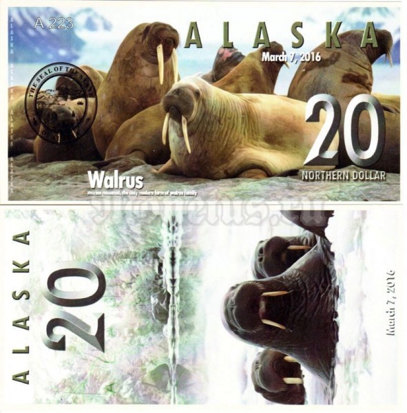 бона Аляска 20 северных долларов 2016 год Выпуск 2-й Морж