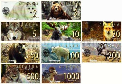 Набор из 10 сувенирных банкнот Аляска 2016 год Выпуск 1-й
