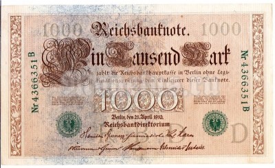 бона Германия 1000 марок 1910 год, зеленая печать, буква D