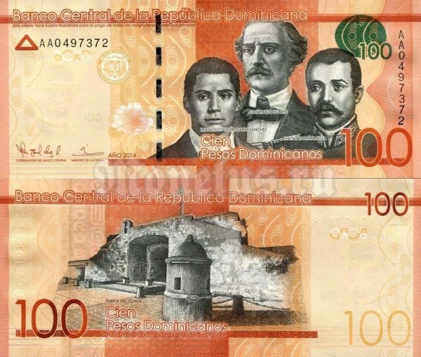 Банкнота Доминикана 100 песо 2014 год