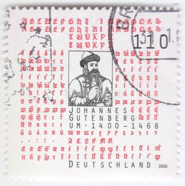 марка ФРГ 110 пфенниг "Gutenberg, Johannes" 2000 год Гашение