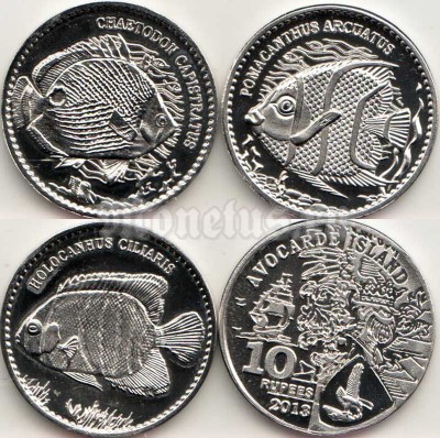 Остров Авокарде набор из 3-х монет 10 рупий 2013 год Рыбы