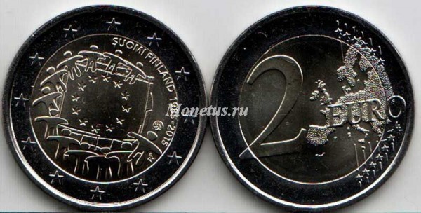 монета Финляндия 2 евро 2015 год Общеевропейская серия - 30 лет флагу Европы
