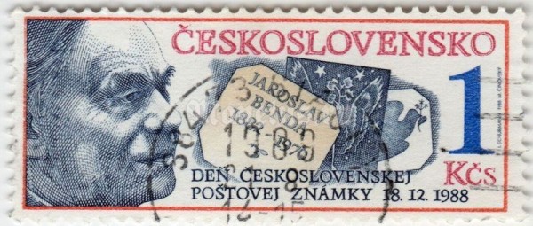 марка Чехословакия 1 крона "Jaroslav Benda (1882-1970), illustrator and stamp designer" 1988 год гашение