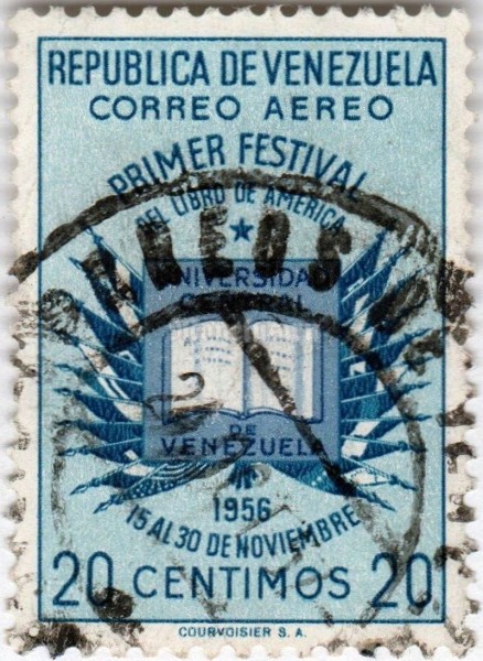 марка Венесуэла 20 сентимо "Book And Flag From American Countrys" 1957 год гашение