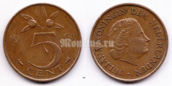 монета Нидерланды 5 центов 1961 год