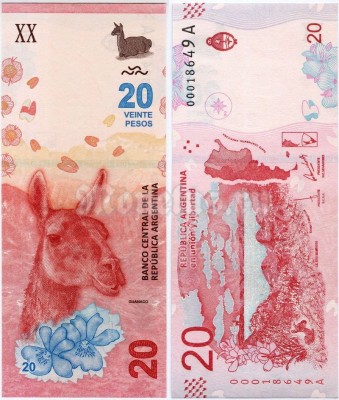 Банкнота Аргентина 20 песо 2017 года - Лама гуанако