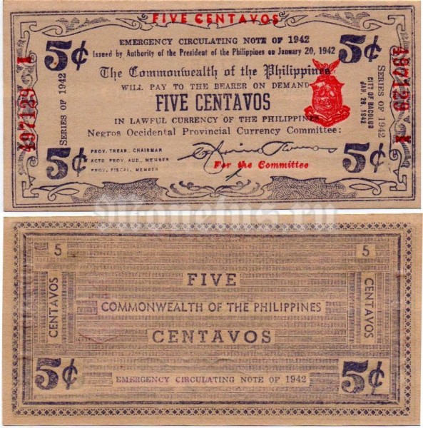 Банкнота Филиппины 5 центаво 1942 год