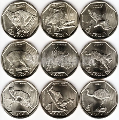 Набор из 9-ти монет Перу 1 новый соль 2017-2019 год серия Фауна Перу