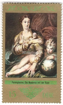 марка ГДР 15 пфенниг "Madonna with Rose (Parmigianino)" 1973 год