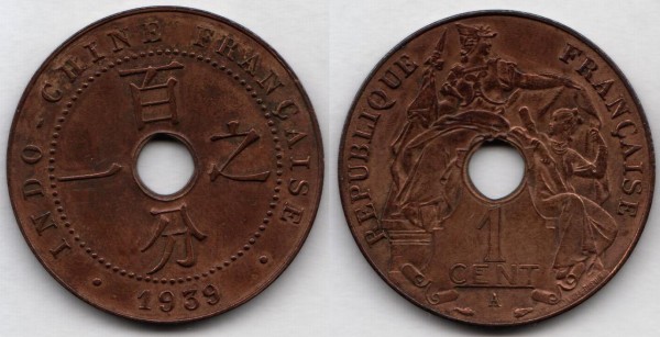 монета Французский Индокитай 1 сантим 1939 год