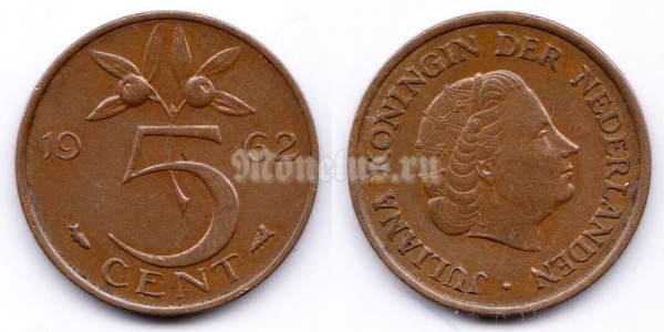 монета Нидерланды 5 центов 1962 год