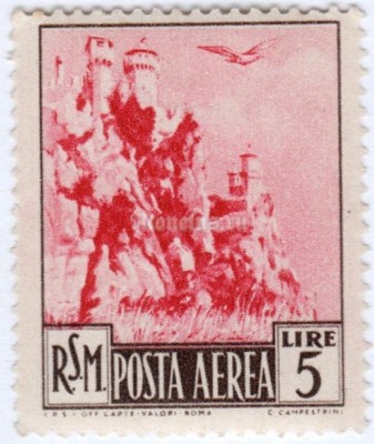 марка Сан-Марино 5 лир "Landscapes - Air Mail 1950" 1950 год