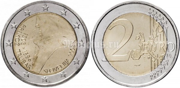 монета Словения 2 евро 2008 год - 500-летие Примож Трубар