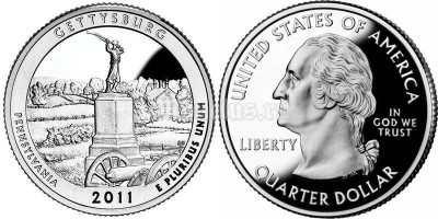 монета США 25 центов 2011 год Пенсильвания национальный военный парк Геттисберг, 6-й