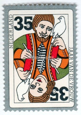 марка Нидерланды 35 центов "Man and woman with pigeon on a playing card" 1975 год