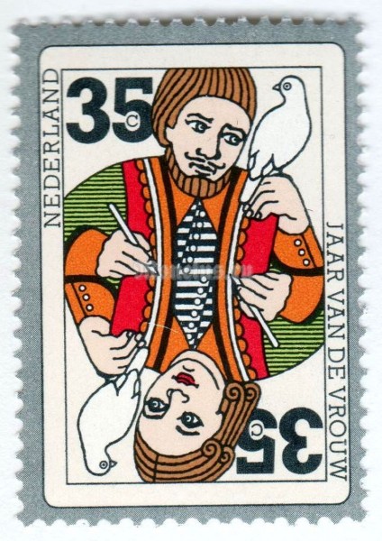 марка Нидерланды 35 центов "Man and woman with pigeon on a playing card" 1975 год