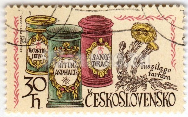 марка Чехословакия 30 геллер "Apothecary Jars and Coltsfoot” 1971 год Гашение