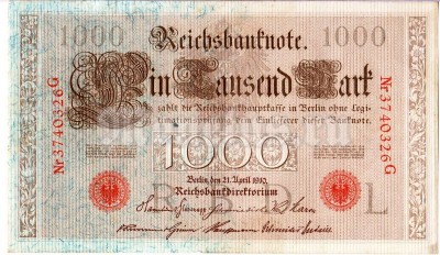 бона Германия 1000 марок 1910 год, красная печать, буква L