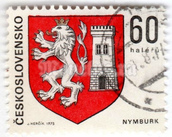 марка Чехословакия 60 геллер "Nymburk" 1975 год Гашение