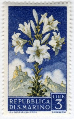 марка Сан-Марино 3 лиры "Flowers" 1957 год