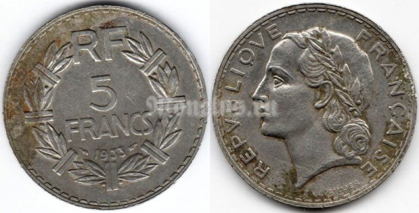 монета Франция 5 франков 1933 год