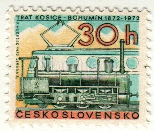 марка Чехословакия 30 геллер "Столетие Кошице-Богумин" 1972 год
