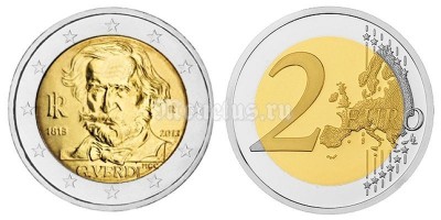 монета Италия 2 евро 2013 год 200 лет со дня рождения Джузеппе Верди