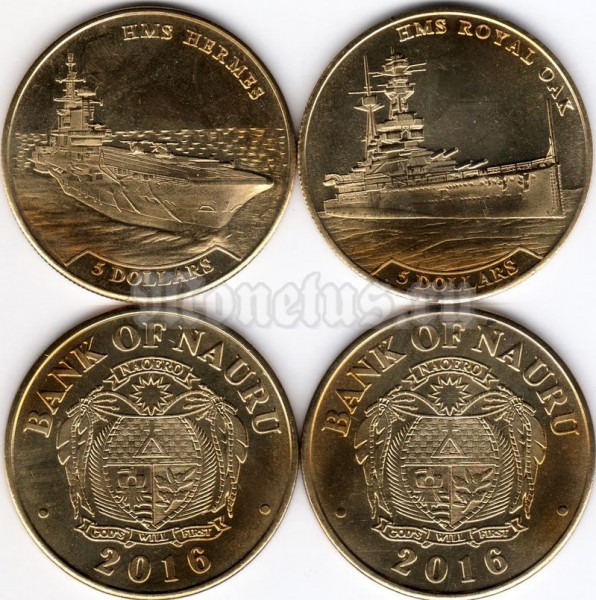 Науру набор из 2-х монет 5 долларов 2016 год - Военный корабль Британский авианосец Hermes и Линкор Royal OAK