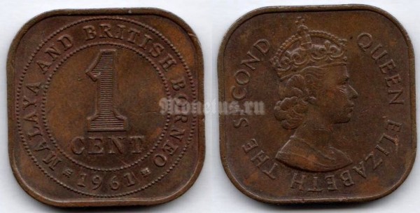 монета Малайя и Британское Борнео 1 цент 1961 год Елизавета II