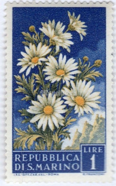 марка Сан-Марино 1 лира "Flowers" 1957 год