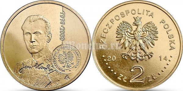 Польша 2 злотых 2014 год Ян Карский — 100 лет со дня рождения