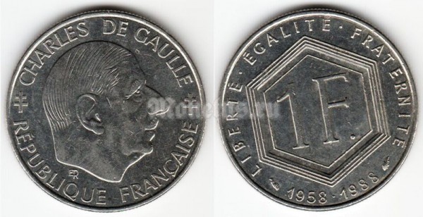 монета Франция 1 франк 1988 год