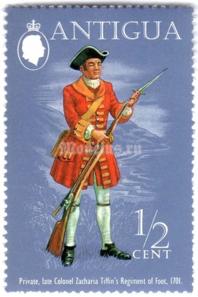 марка Антигуа 1/2 цента "Private, Colonel Zacharias Tiffin's Regiment (1701)" 1973 год