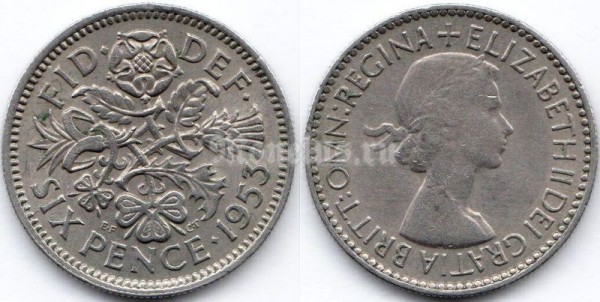 монета Великобритания 6 пенсов 1953 год