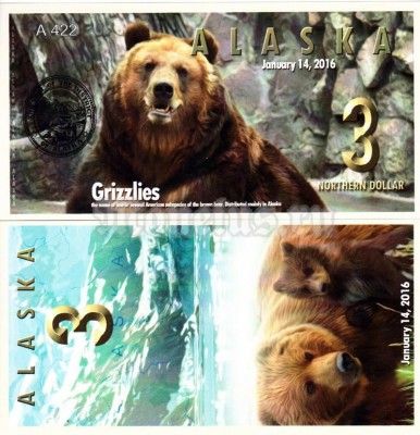 бона Аляска 3 северных доллара 2016 год Медведь Гризли