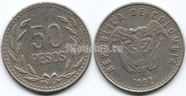 монета Колумбия 50 песо 1992 год
