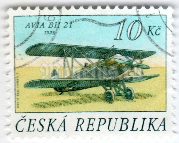 марка Чехия 10 крон "BI-PLANE AVIA BH 21, 1925" 1996 год Гашение