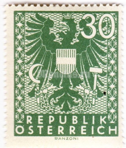 марка Австрия 30 Немецких рейхспфенинг "Герб" 1945 год