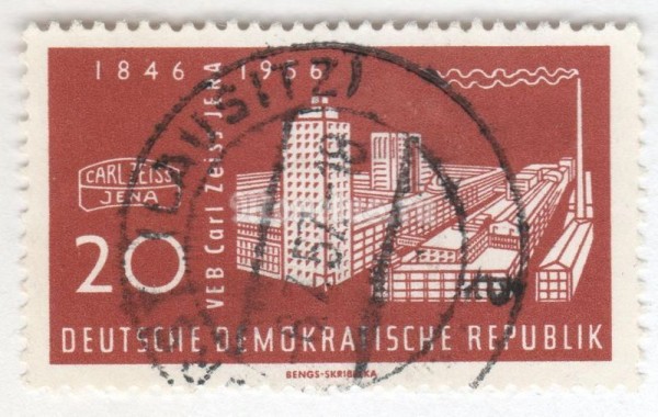 марка ГДР 20 пфенниг "Zeiss-Werke, Jena" 1956 год Гашение
