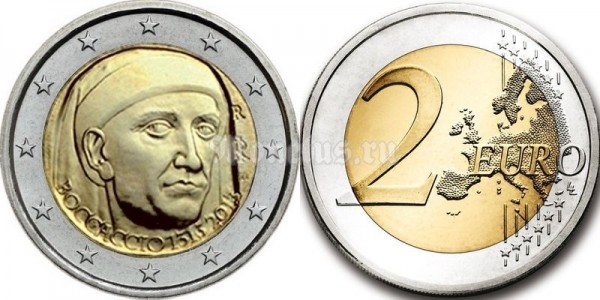 монета Италия 2 евро 2013 год 700 лет со дня рождения Джованни Боккаччо