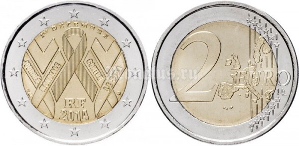 монета Франция 2 евро 2014 год - Всемирный день борьбы со СПИДом