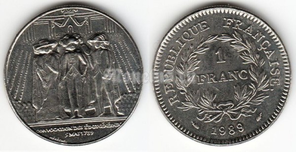 монета Франция 1 франк 1989 год - 200 лет объединению штатов