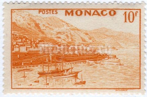 марка Монако 10 франков "Monte Carlo harbor" 1949 год
