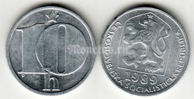 монета Чехословакия 10 геллеров 1989 год